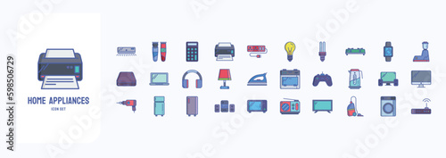 A collection sheet of linear color icons for Home appliances, including icons like Printer, Bulb, Microwave oven, Washing machine and more