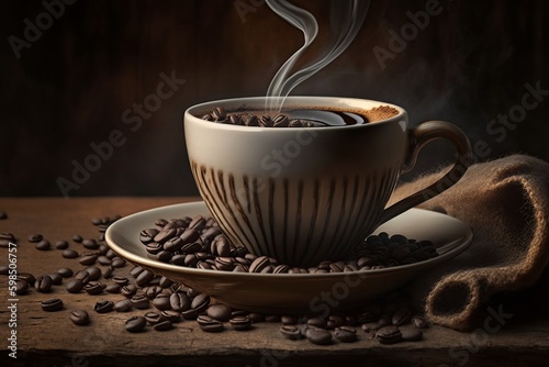 Enhancing Coffee Textures: A Fresh Cup of Coffee with Coffee Beans on a Rustic Wooden Table and Soft Side Lighting Against a Neutral Backdrop. Generative AI