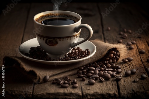 Enhancing Coffee Textures: A Fresh Cup of Coffee with Coffee Beans on a Rustic Wooden Table and Soft Side Lighting Against a Neutral Backdrop. Generative AI
