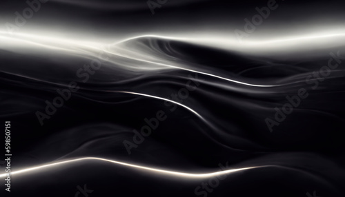 Light wave overlay. Blur glow. Fog hills. Defocused white curve lines trail on dark black art illustration abstract background with free space.