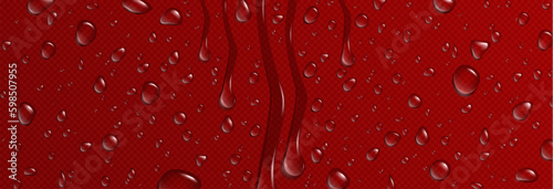 Vector water drop texture on red glass background. Realistic dew bubble droplet pattern on strawberry color surface. 3d abstract liquid drink graphic design wallpaper. Condensation flow on window