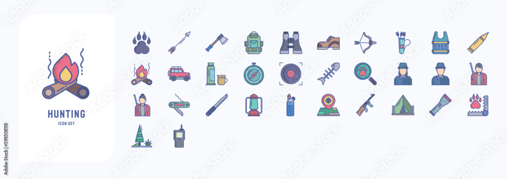 Fototapeta premium A collection sheet of linear color icons for Hunting and camping, including icons like Animal, Arrow, Axe, Backpack and more