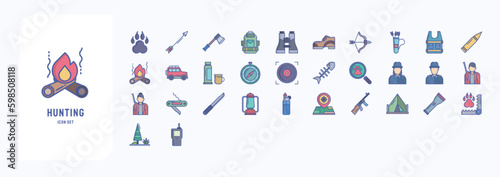 A collection sheet of linear color icons for Hunting and camping, including icons like Animal, Arrow, Axe, Backpack and more
