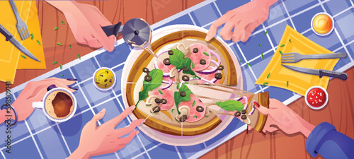 Pizza top view on table with dip sauce vector banner. Home baked italian food slice with cutter, knife, fork and runner on kitchen. Female hand taking tasty junk creamy piece in pizzeria for dinner