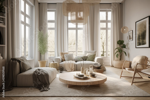 Cute modern living room, boho design interior style. Beige light colors. Super photo realistic background, generative ai