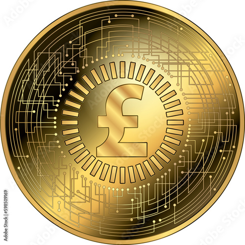 Digital Pound cryptocurrency fantasy gold token, vector illustration