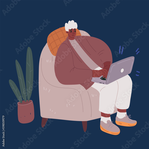 Cartoon vector illustration of Young black man sitting in chair bag and working on computer. Remote working, home office, self isolation concept.