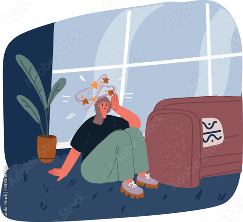 Cartoon vector illustration of Iron deficiency anemia. Sad woman with dizziness sitting on floor. Unhappy girl suffers from vertigo and headache and needs medical help. Low hemoglobin. Hungover