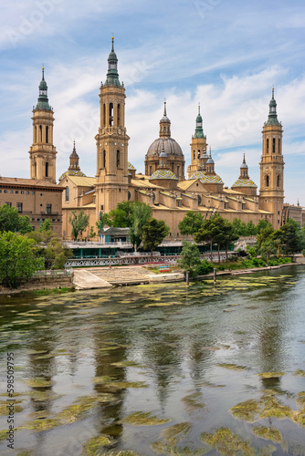 Impressive monument of the cathedral basilica del Pilar on the edge of the river Ebro in Zaragoza, Spain.