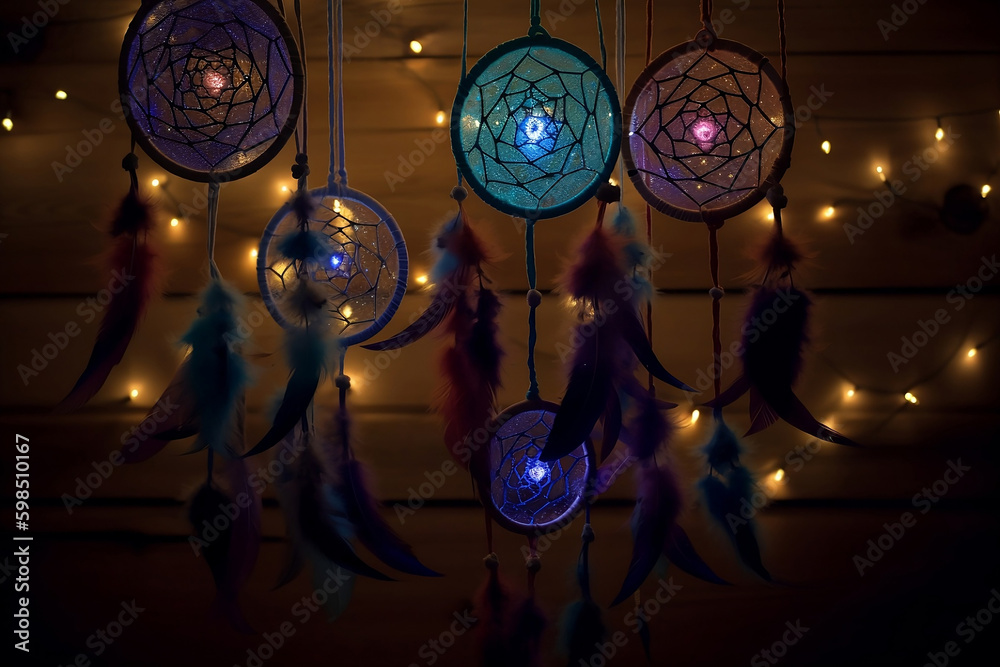 dreamcatchers on dark background with led lights