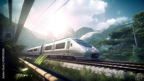 high-speed train passing through paradise landscape, generative ai