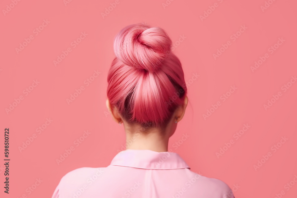 Modern hairstyle bun on pink hair back view close-up, created with Generative AI technology.