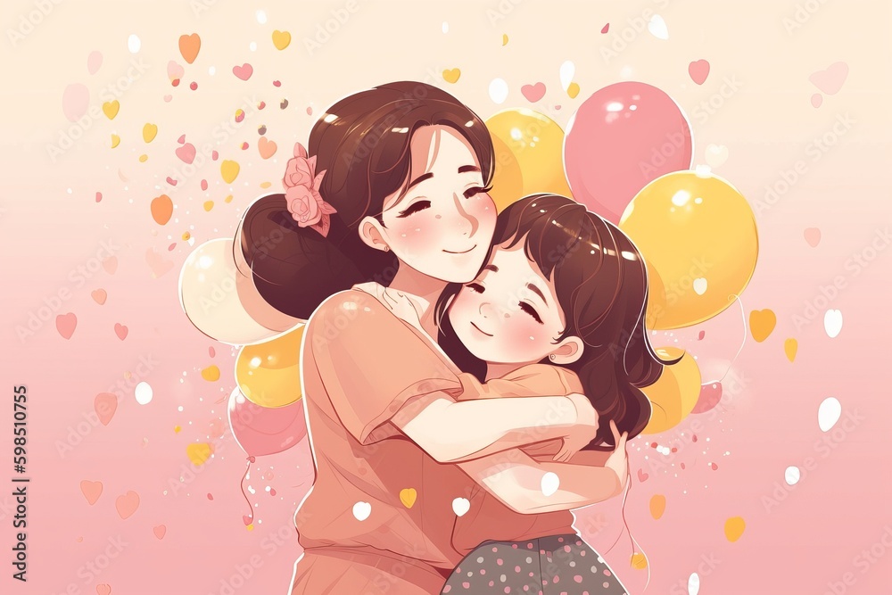 A heartwarming chibi-style cartoon vector illustration for Mother's Day showcasing a loving mother and her daughter hugging each other tightly, mother's day, Generative AI A heartwarming chibi-style cartoon vector illustration for Mother's Day showcasing a loving mother and her daughter hugging each other tightly, mother's day, Generative AI