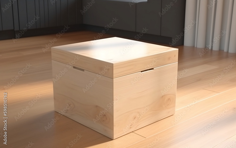 Wooden box mockup on a wooden floor with grey background created with Generative AI technology Wooden box mockup on a wooden floor with grey background created with Generative AI technology
