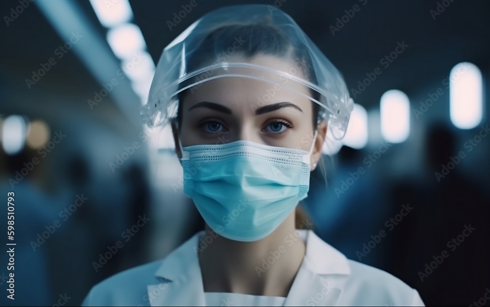 Chemist woman wearing face mask and plastic cap stands in the