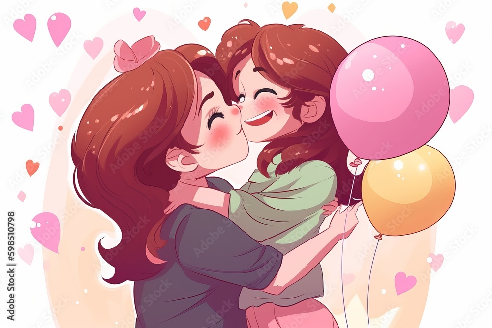 A heartwarming chibi-style cartoon vector illustration for Mother's Day showcasing a loving mother and her daughter hugging each other tightly, mother's day, Generative AI