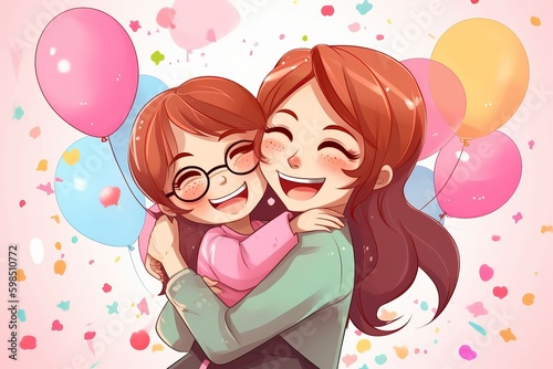 A heartwarming chibi-style cartoon vector illustration for Mother s Day showcasing a loving mother and her daughter hugging each other tightly  mother s day  Generative AI