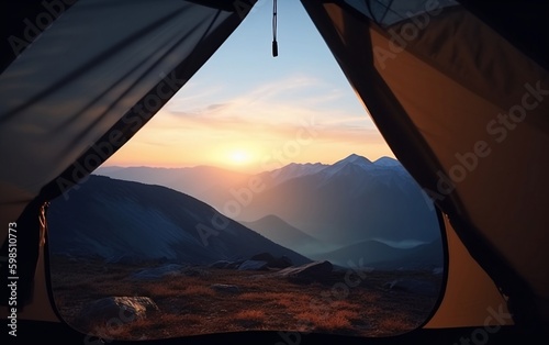 View from the tent at dawn in the mountains created with Generative AI technology