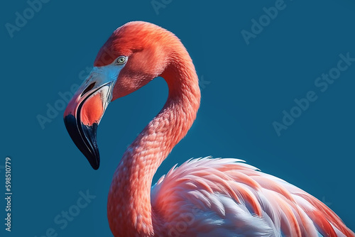 Pink flamingo on a blue background close-up, created with Generative AI technology.