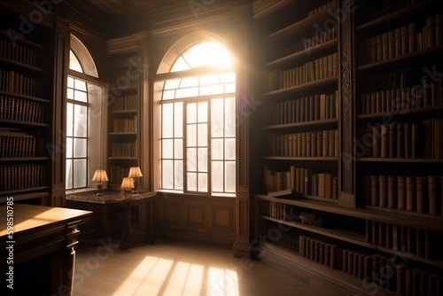 Room with a bookcases. Library with old books and light with big windows Books day created with Generative AI technology