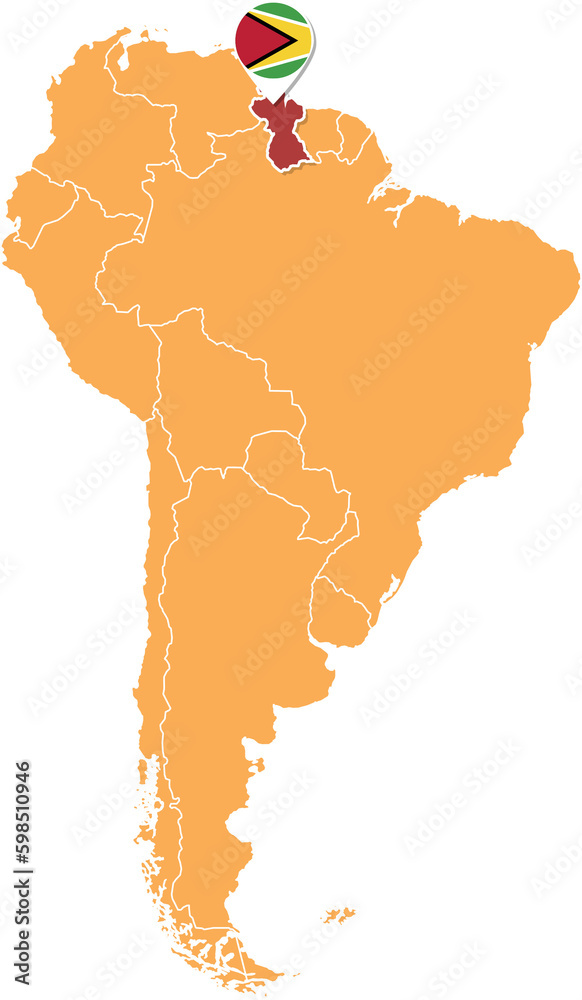 Guyana map in South America, Icons showing Guyana location and flags