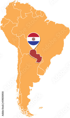 Paraguay map in South America, Icons showing Paraguay location and flags.