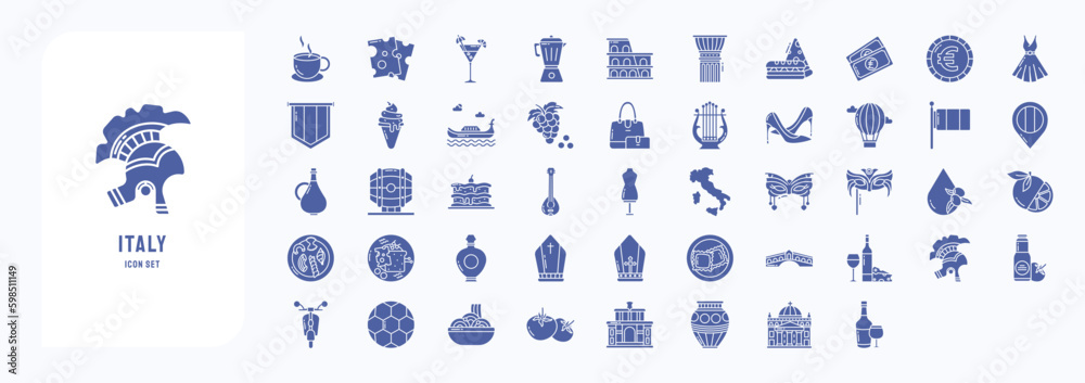 A collection sheet of solid icons for Italy country and culture, including icons like Cappuccino, Cheese, Cocktail, Coffee Pot and more