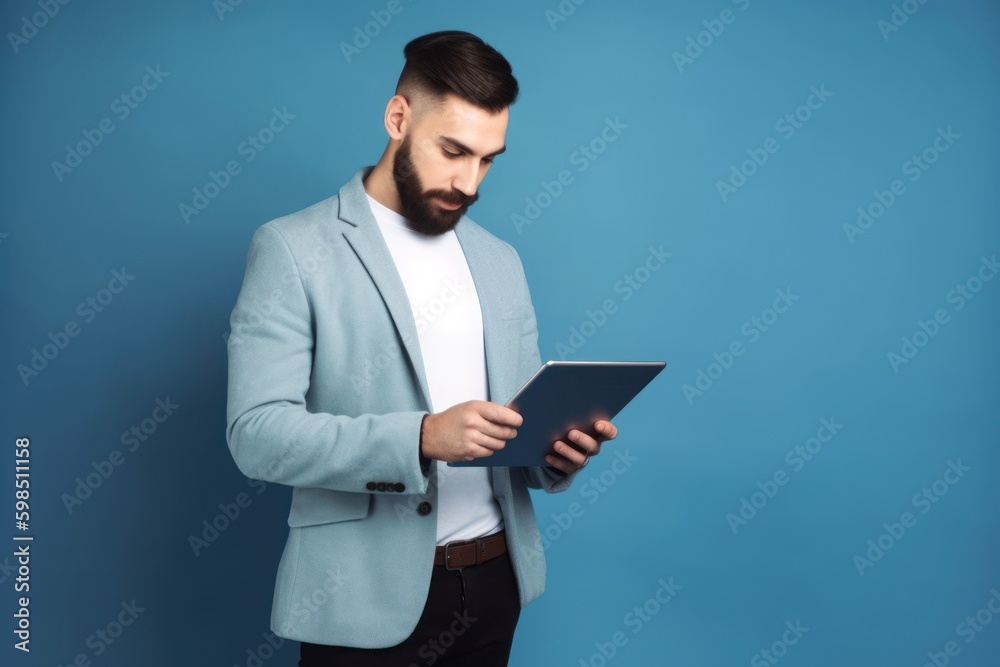 Portrait of a handsome young man using tablet computer on blue background. Generative AI Portrait of a handsome young man using tablet computer on blue background. Generative AI