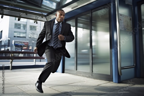 Businessman running in the city, motion blur. Business concept. Generative AI