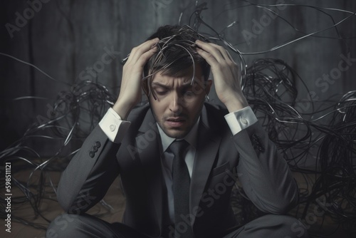 Portrait of a young man in a business suit sitting on a wooden floor and holding his head with his hands. Generative AI