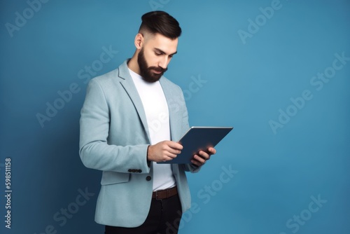 Portrait of a handsome young man using tablet computer on blue background. Generative AI