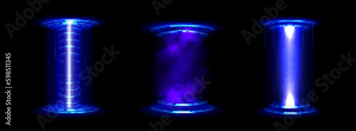 Circle hologram game portal with hud light effect. Futuristic technology magic podium for ui fantasy interface. Neon led glow stage with blue laser round and glitter teleport funnel illustration set