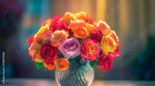 colored roses in glass vase on table  generative ai