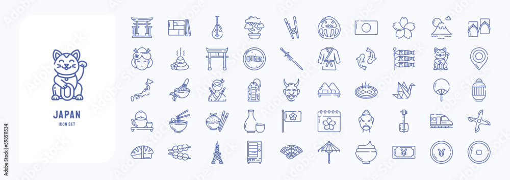 A collection sheet of outline icons for Japan country and culture, including icons like Bento, Biwa, Bonsai, Chop stick and more