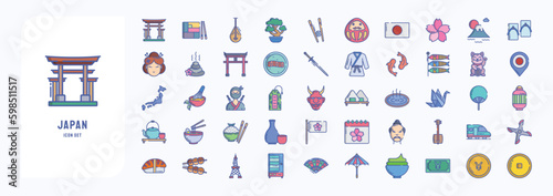A collection sheet of linear color icons for Japan country and culture icon set, including icons like Bento, Biwa, Bonsai, Chop stick and more