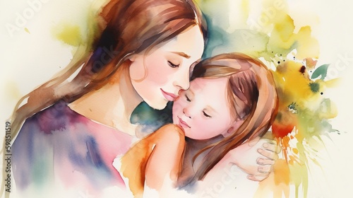 watercolor of mother with her daughter, greeting card on mother's day. generative AI