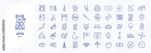 A collection sheet of outline icons for Japan country and culture, including icons like Bento, Biwa, Bonsai, Chop stick and more