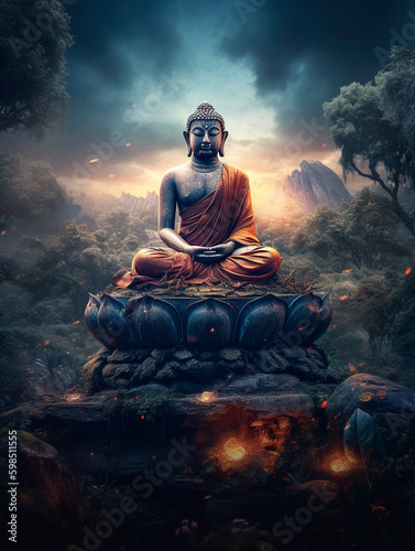 Buddhist statue background and text space  generative ai