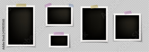 Photo frame collage template vector album mockup on transparent background. Foto memory picture and sellotape sticker. Blank photography card with white border realistic set. Retro snapshot collection