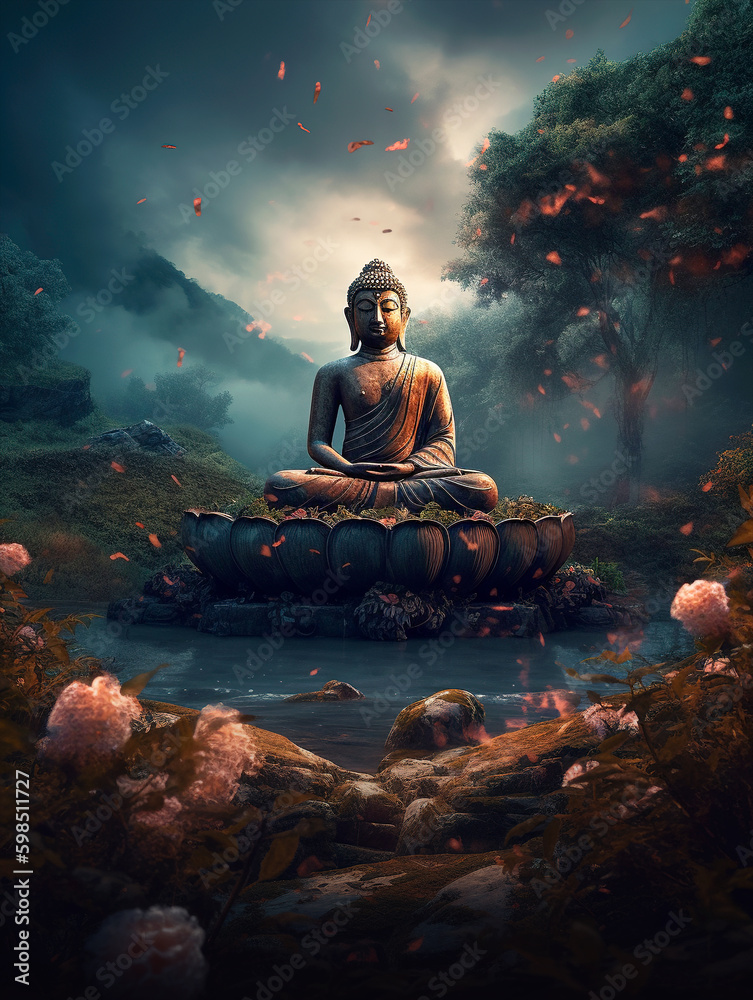 Buddhist statue background and text space, generative ai