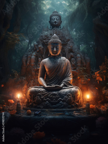 Buddhist statue background and text space, generative ai