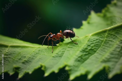Red ant on a green leaf close-up, created with Generative AI technology.