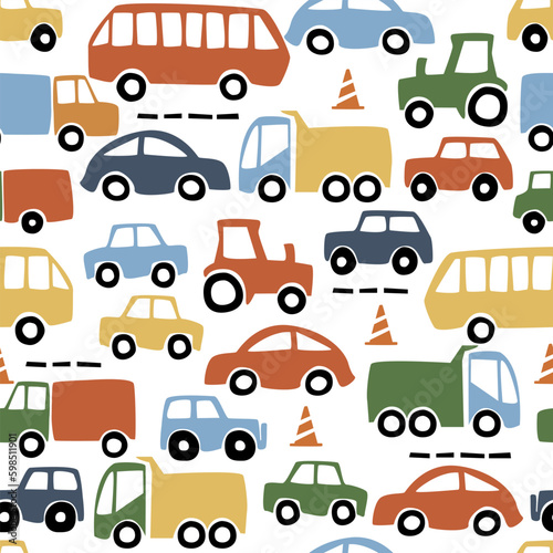 Funny print with cars drawn by children. Seamless cars pattern