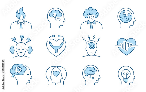 Mental health icons, such as charity, anxiety, therapy, panic attack and more. Vector illustration isolated on white. Editable stroke. Change to any size and any colour.