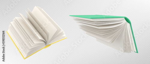 Open fly school paper book vector illustration isolated on white background. Publish novel story with green cover after imagination wind in bookstore. Education dream design with clean text space.