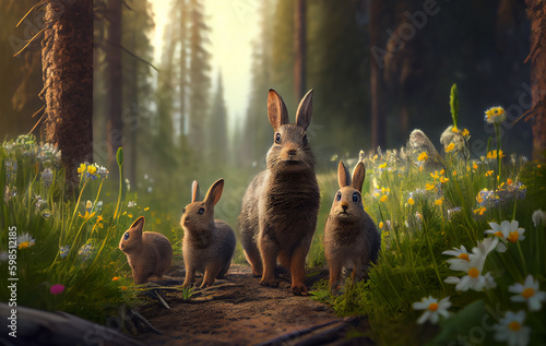 Scene of Bunnies and Rabbits Cavorting in the Beautiful Nature Landscape, Embodying the Joyful Grass Spirit of the Forest Playground - AI Generated © Musashi_Collection