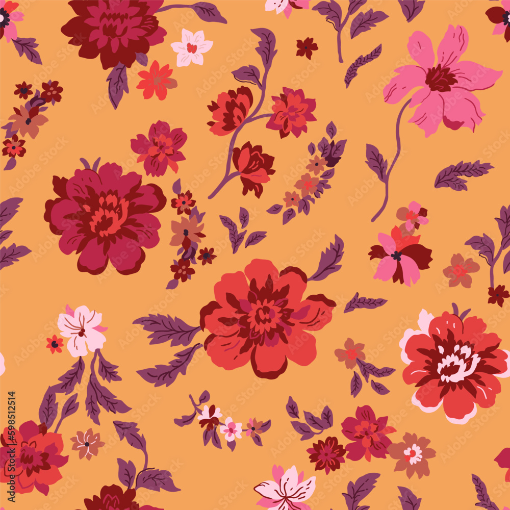 Seamless floral pattern with red, pink and pale pink roses on an orange background.