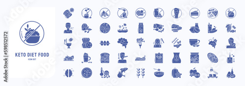 A collection sheet of solid icons for Keto Diet and food, including icons like Avocado, Grains, egg, Cheese and more