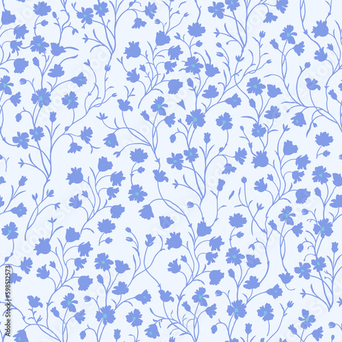 Spring floral pattern of blue flowers on a blue background.