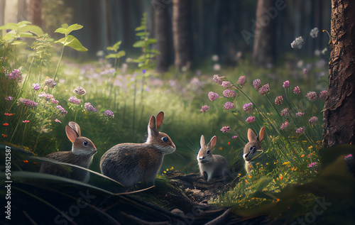 Scene of Bunnies and Rabbits Cavorting in the Beautiful Nature Landscape, Embodying the Joyful Grass Spirit of the Forest Playground - AI Generated